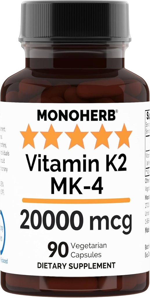 MONOHERB ויטמין K2 כמו Menatetrenone MK-4 20000 mcg לכל קפסולה - 90 Veg כמוסות