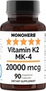MONOHERB ויטמין K2 כמו Menatetrenone MK-4 20000 mcg לכל קפסולה - 90 Veg כמוסות