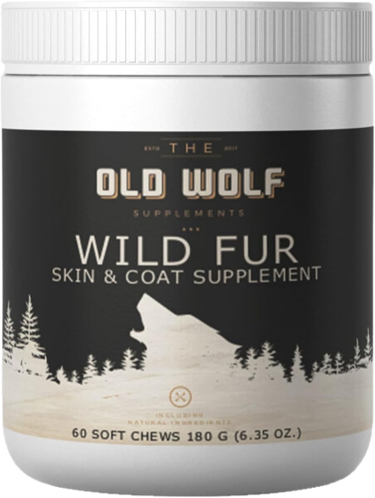 Wild Fur Skin ו-Kick תוסף לכלבים: for Itchy Skin, Hot Spots Treatment & Seasonal Allergies, צמצם Shedding, שיפור ה-Taws Shine - 60 צ'יפס