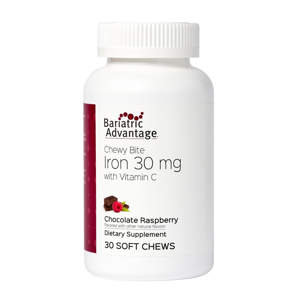 Bariatric Advantage Iron 30 mg Chewy Bite with Vitamin C - for Bariatric Patients - Sugar-Free - Chocolate Raspberry - 30 Count