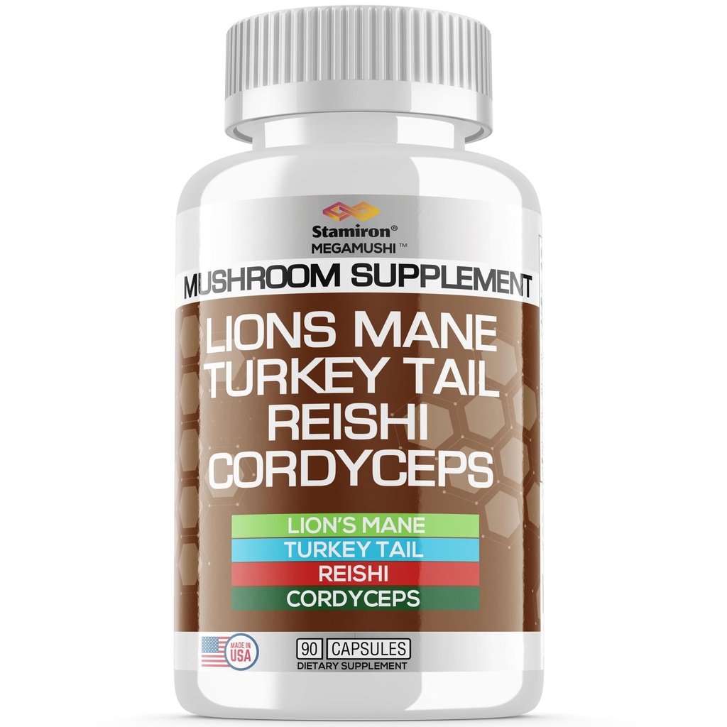 Stamiron Lions Mane תוסף טורקיה Tail Mushroom כמוסות עם Cordyceps לחלץ & Reishi Mushrooms - Alt to Mushroom Gummies, אבקת Mushroom קפה - 90 Count