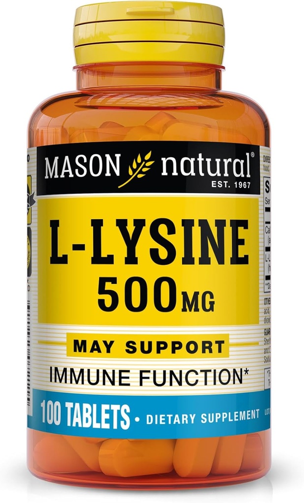 MASON NATURAL L-Lysine 500 מ"ג עם Calcium - שיפור תפקוד Immune, שיפור Absorption, Essential Amino Acid, 100 טבליות