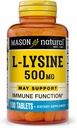 MASON NATURAL L-Lysine 500 מ"ג עם Calcium - שיפור תפקוד Immune, שיפור Absorption, Essential Amino Acid, 100 טבליות