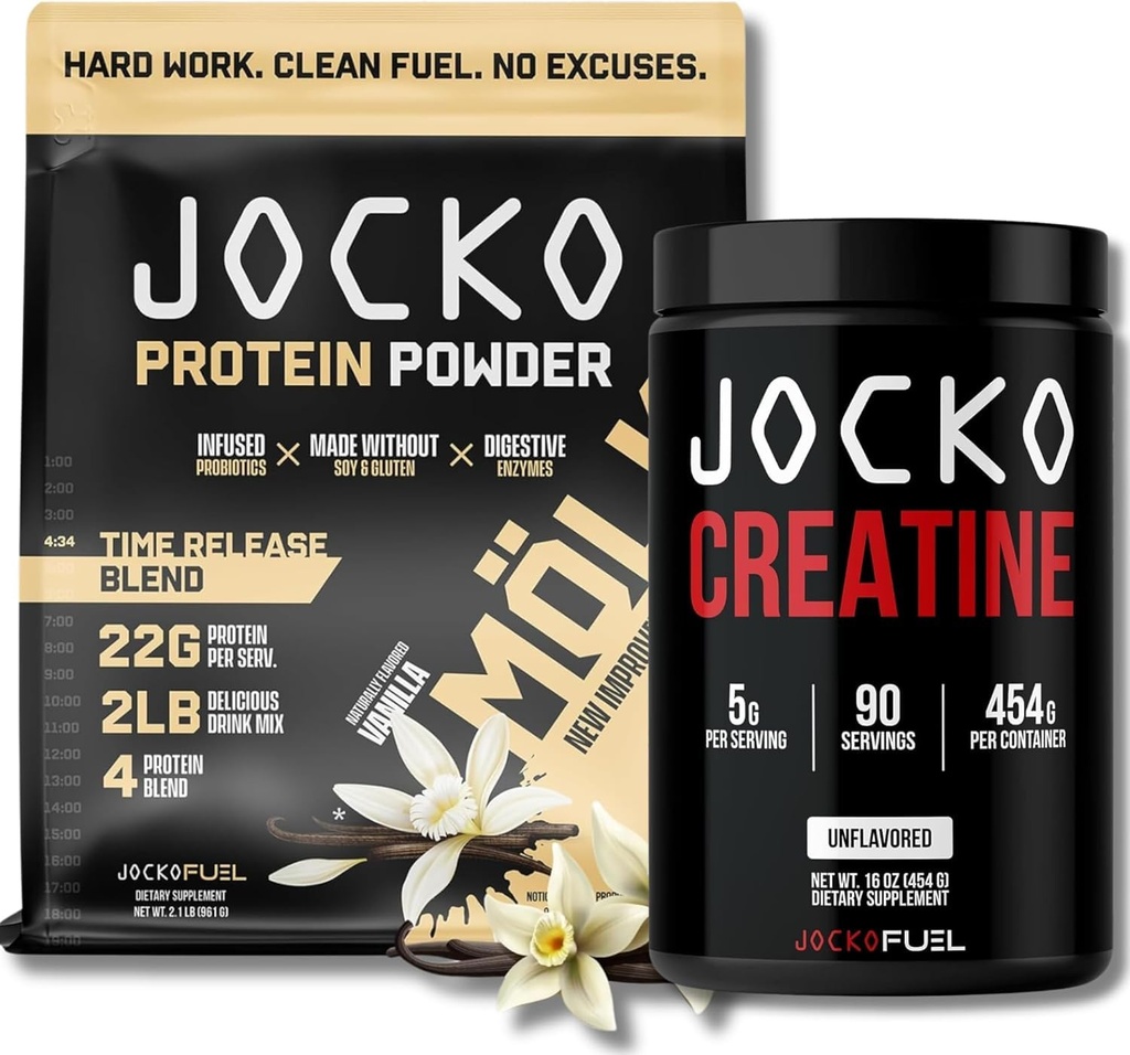 Jocko דלק Bundle - וניל Mölk אבקת חלבון + אבקת Creatine Monohydrate עבור גברים ונשים - Bundle עבור ביצועים אטלטיים, התאוששות, וצמיחה שרירים