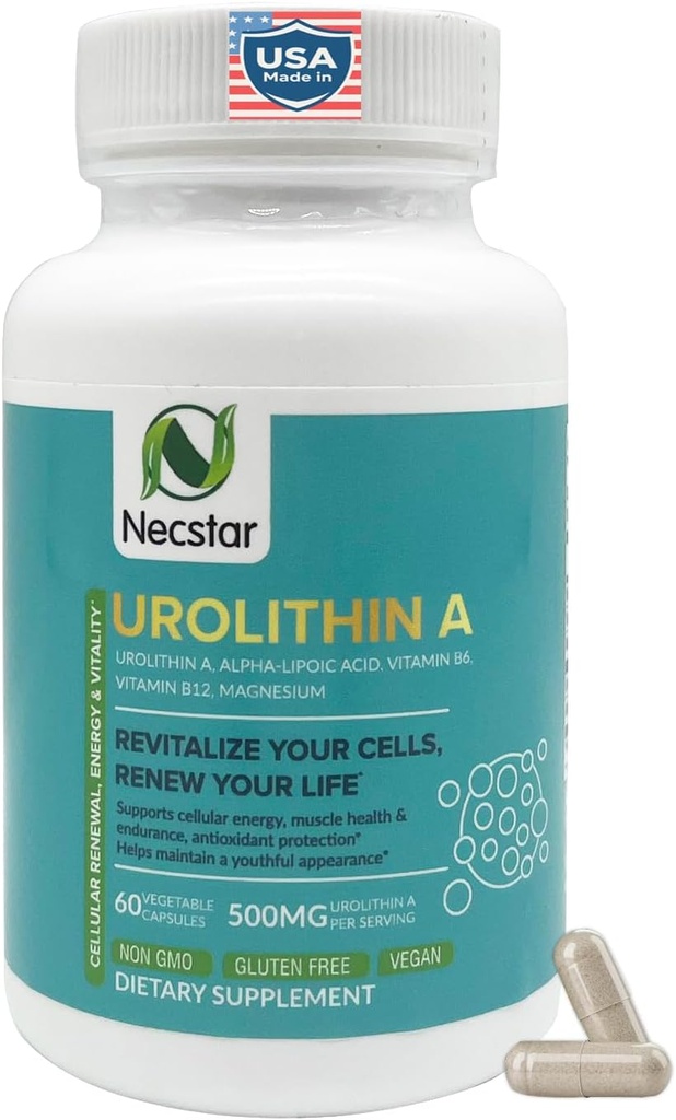 Necstar Urolithin A תוסף - אנרגיה סלולרית ומיוכוננדרית תמיכה - עם Alpha-Lipoic Acid, ויטמין B6, B12 & Magnesium - 60 קפסולות טבעוניות, Gluten-FreeFree