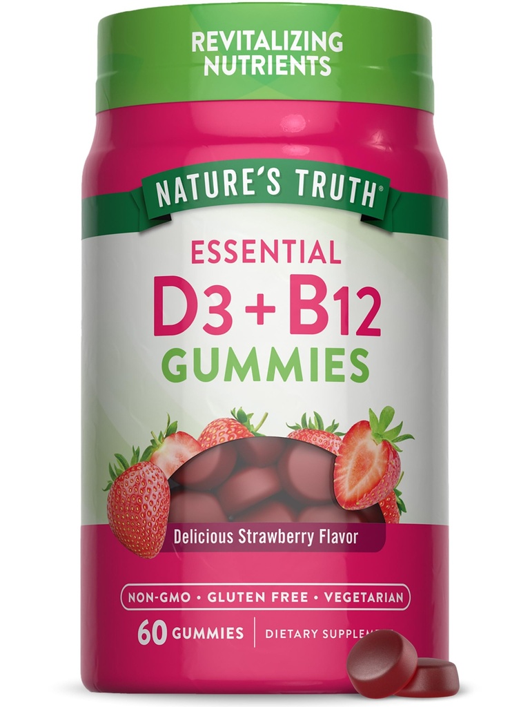 האמת של הטבע ויטמין D3 ו B12 חניכיים למבוגרים | 60 Count | Strawberry Flavor | Vegetarian, non-GMO & Gluten Free Supplement