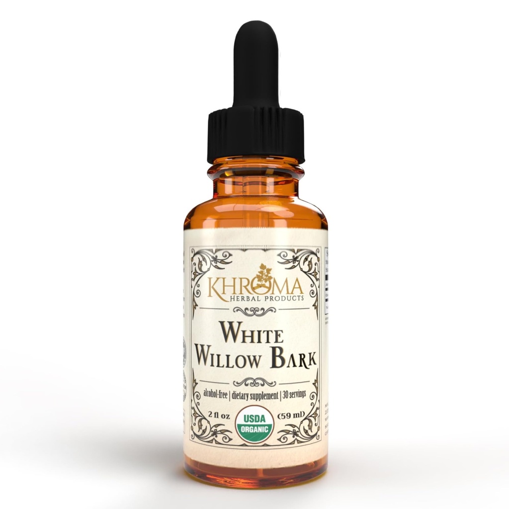 Khroma Herbal Products Organic White Willow Bark 30 משרתים - 800 MG Per Serve - 2 FL OZ נוזל בבקבוק זכוכית - Salix Alba