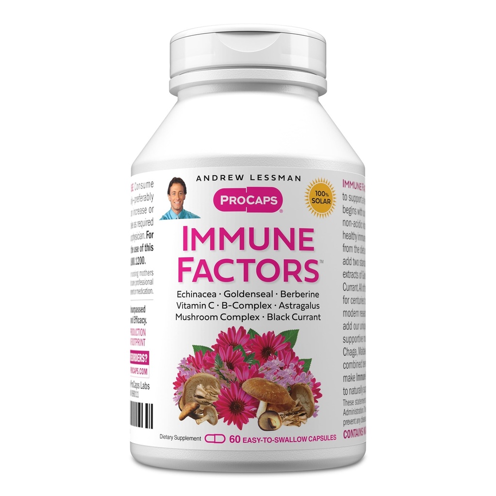 AndREW LESSMAN Immune Factors 60 קפסולות - Echinacea, Goldenseal, ויטמין C, Astragalus, Berberine, Mushroom, Black Currant. תמיכה וקידום מערכת החיסון והגנה טבעית