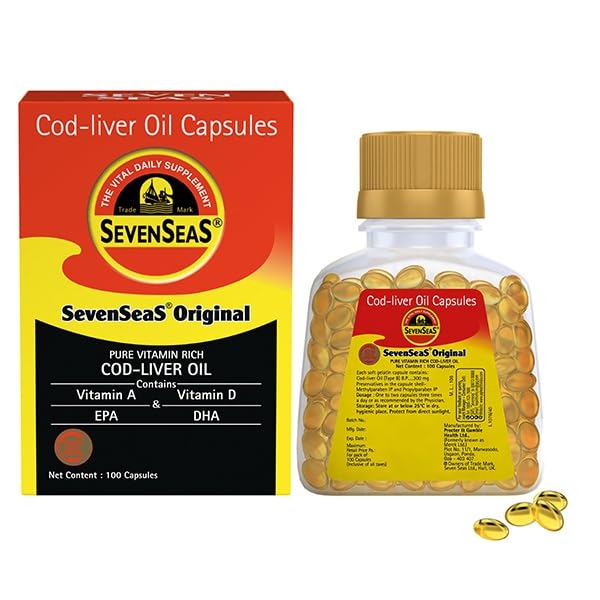 Seacod Cod-liver שמן קפסולות, Omega-3 Fatty Acid, ויטמין A, ויטמין D 100 קפסולות