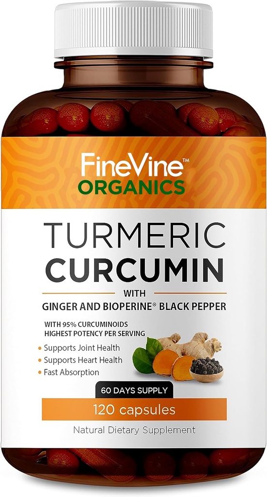 כורכום Turmeric Curcumin עם BioPerine Black Pepper וג'ינג'ר - מיוצר בארה"ב - 120 קפסולות צמחוניות עבור Absorption מתקדמת, Joints Support