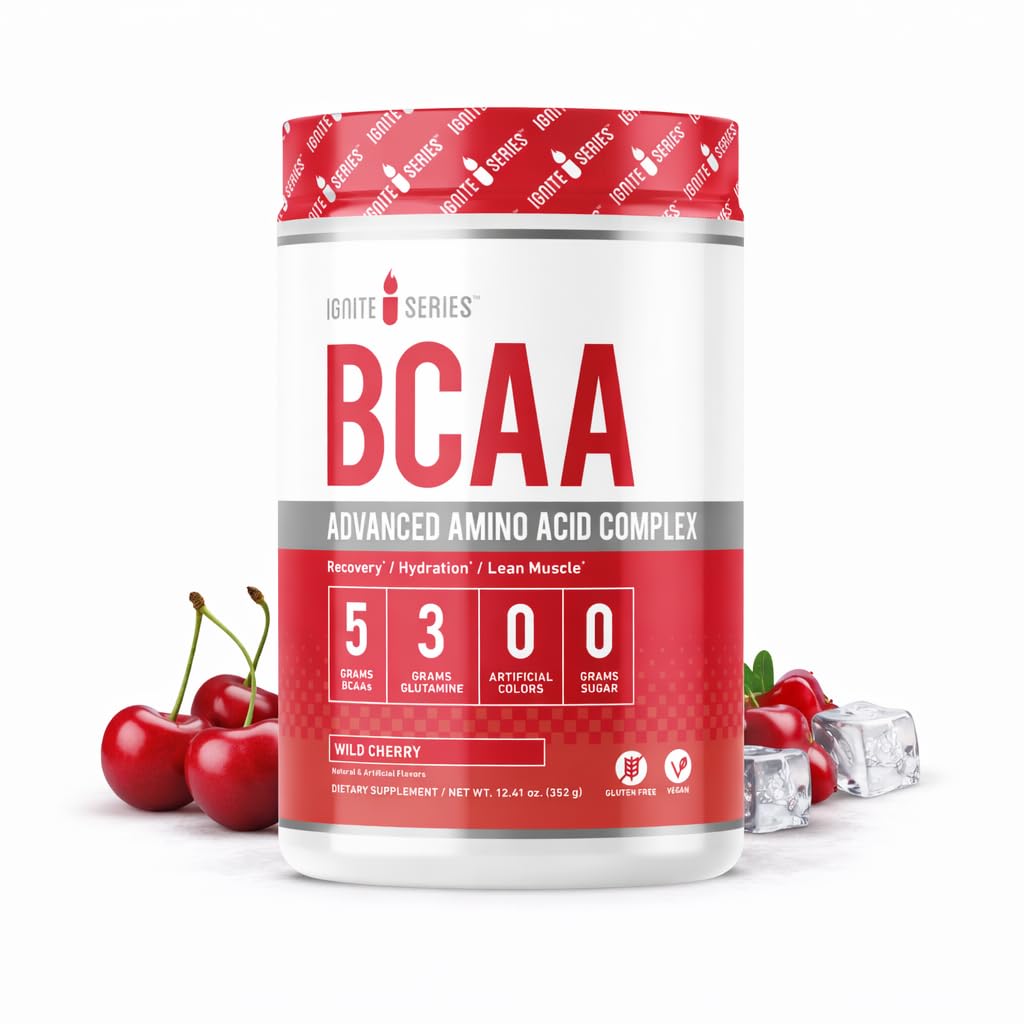 Total Nutrition Ignite Series BCAA Advanced Amino Acid Complex, Wild Cherry, תומך שריר התאוששות, הידרה וצמיחה, 5g BCAA, 3g Glutamine, 13 oz Tub (30 משרתים)