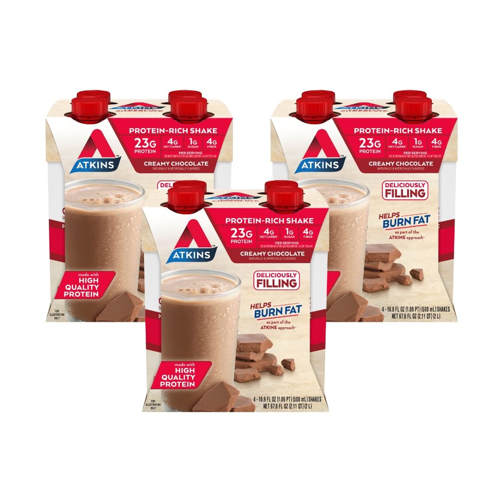 Atkins Creamy שוקולד Meal Size חלבון Shake, 23g חלבון, נמוך Glycemic, 4g Net Carb, 1g סוכר, Keto Friendly, 12 Count