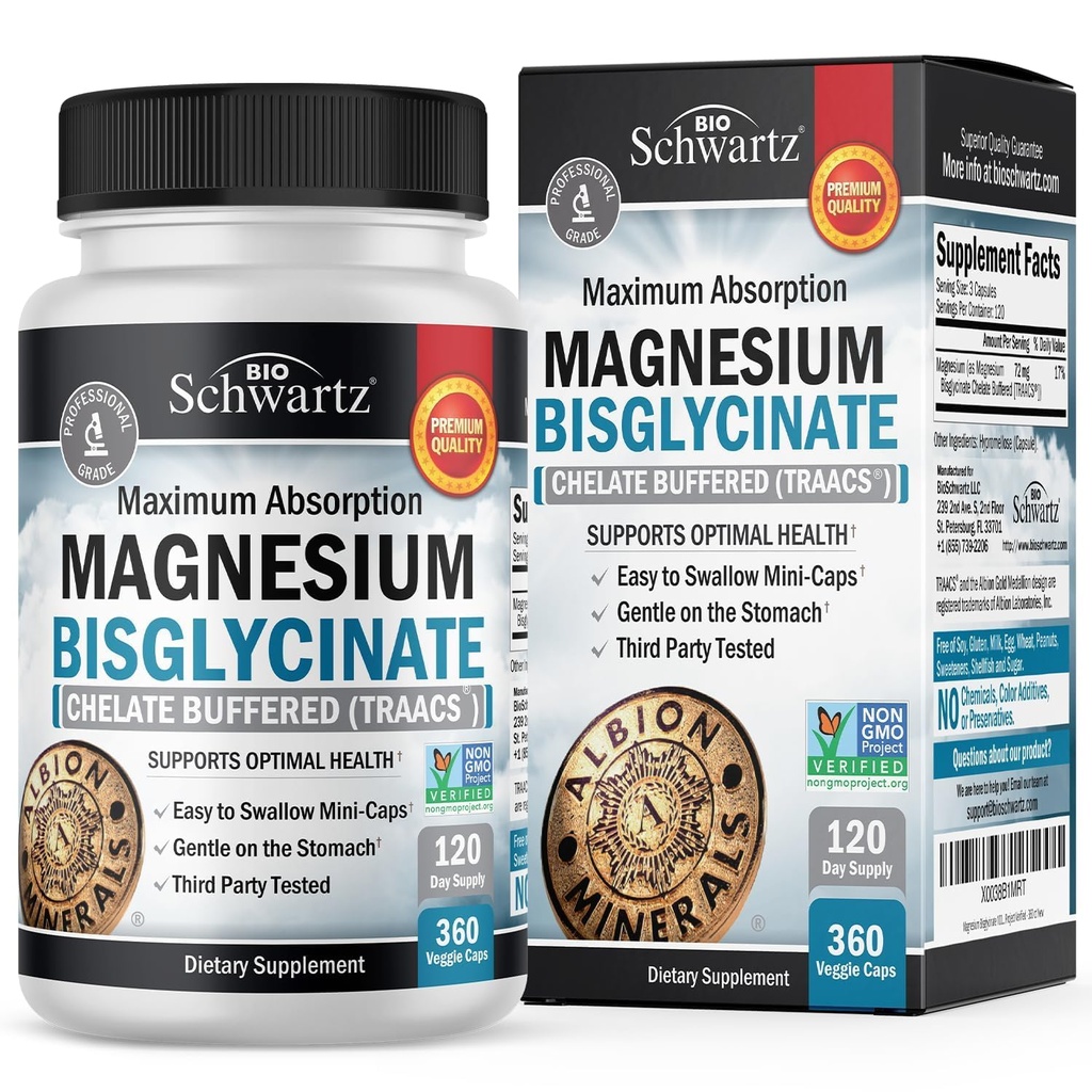 Magnesium Bisglycinate Chelated תוסף מגנזיום גבוה עבור שריר, עצם ותמיכה משותפת, non-Laxative, Fully Buffered, non-GMO, זמינות ביולוגית מקסימלית - 360 קפסולות