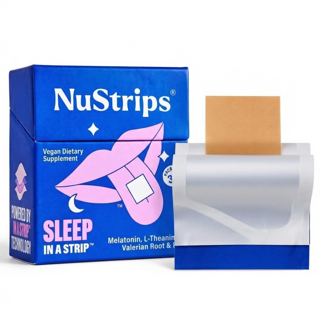 NuStripsTM Fast-Disshoot Sleep Strips עם 5 מ"ג מלטונין, ולריאן Root, L-theanine & ויטמין B6 - Blueberry Flavor - Natural Sleep Aid, טבעוני, Non-GMO, Gluten Free - Fall Asleep Fast (30 Strips)