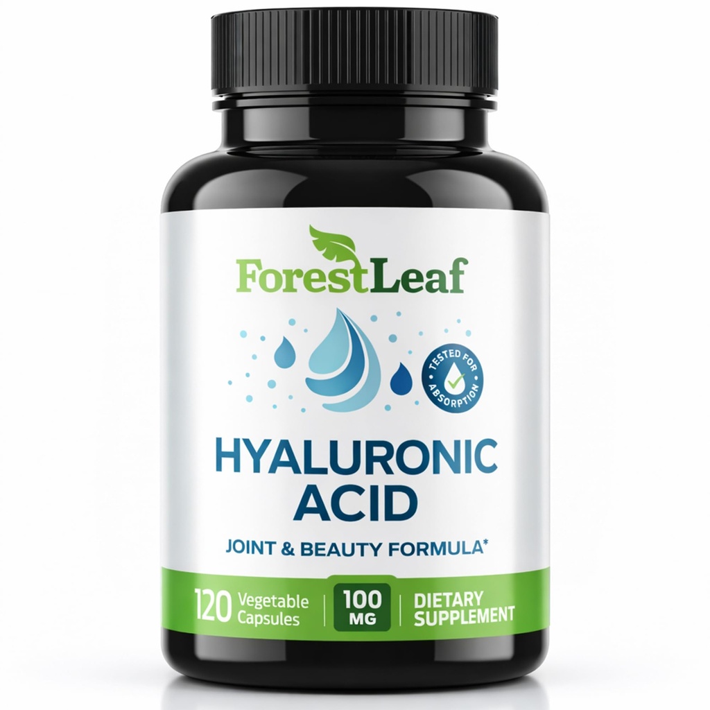 ForestLeaf Hyaluronic Acid Supplements | 100mg High Bioavailable Dietary Hyaluronic Acid אבקת קפסולות + 50 מ"ג VIT C | תמיכה בהשבת עור, לובריון משותף, Anti-Aging, Hair &s | 120 Caps