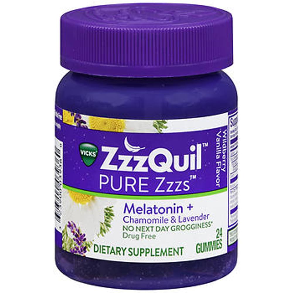 ZzzQuil Pure Zzzs Melatonin Gummies, Sleep Aid, Melatonin 2 מ"ג, עם Chamomile & Lavender, Melatonin Sleep Gummies, Sleep Aids for Adults, Wildberry Vanilla Flavored, 24 Sleep Gummies
