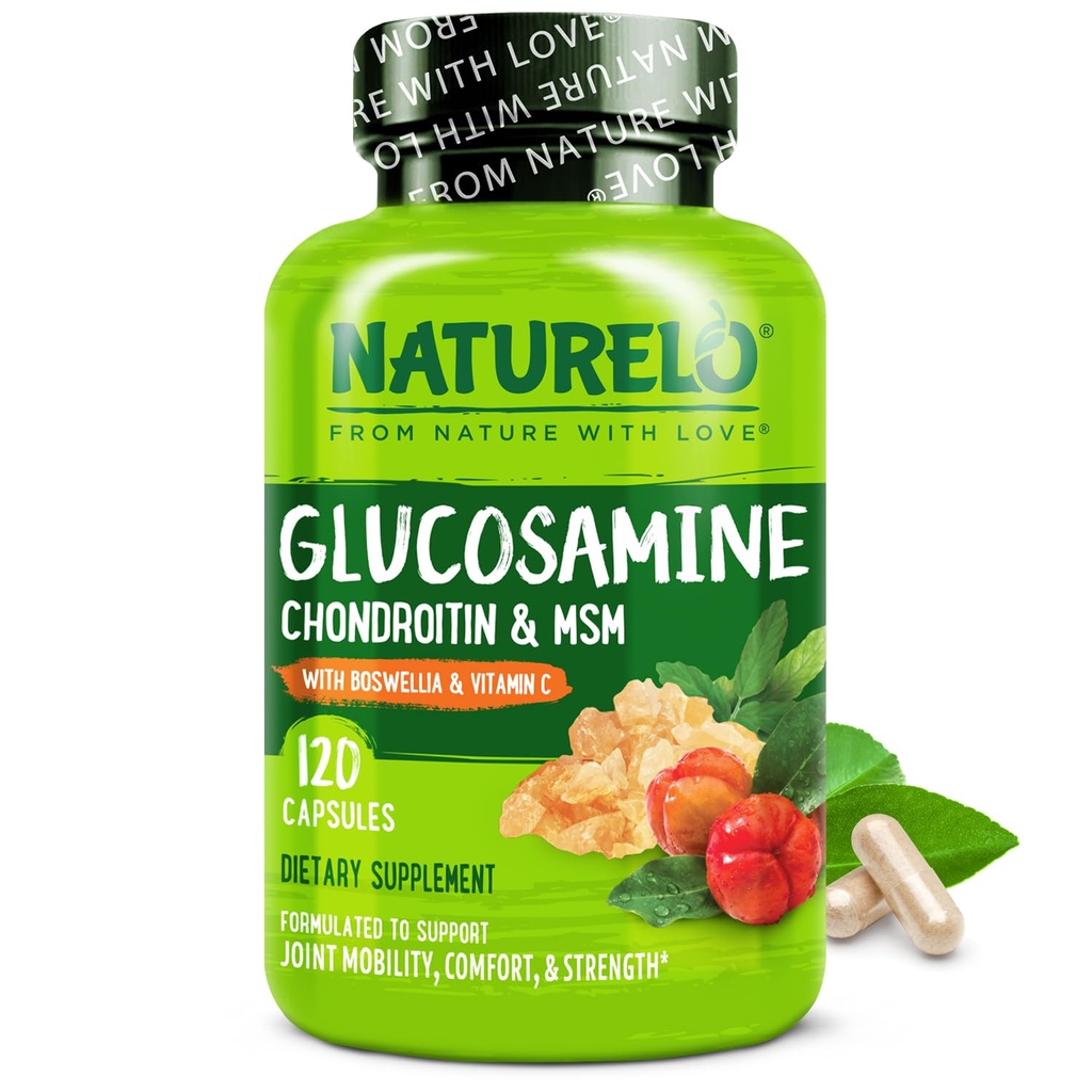 NATURELO Glucosamine Chondroitin MSM עם Boswellia ו ויטמין C - תוספת של נוחות משותפת, ניידות וכוח - 120 קפסולות