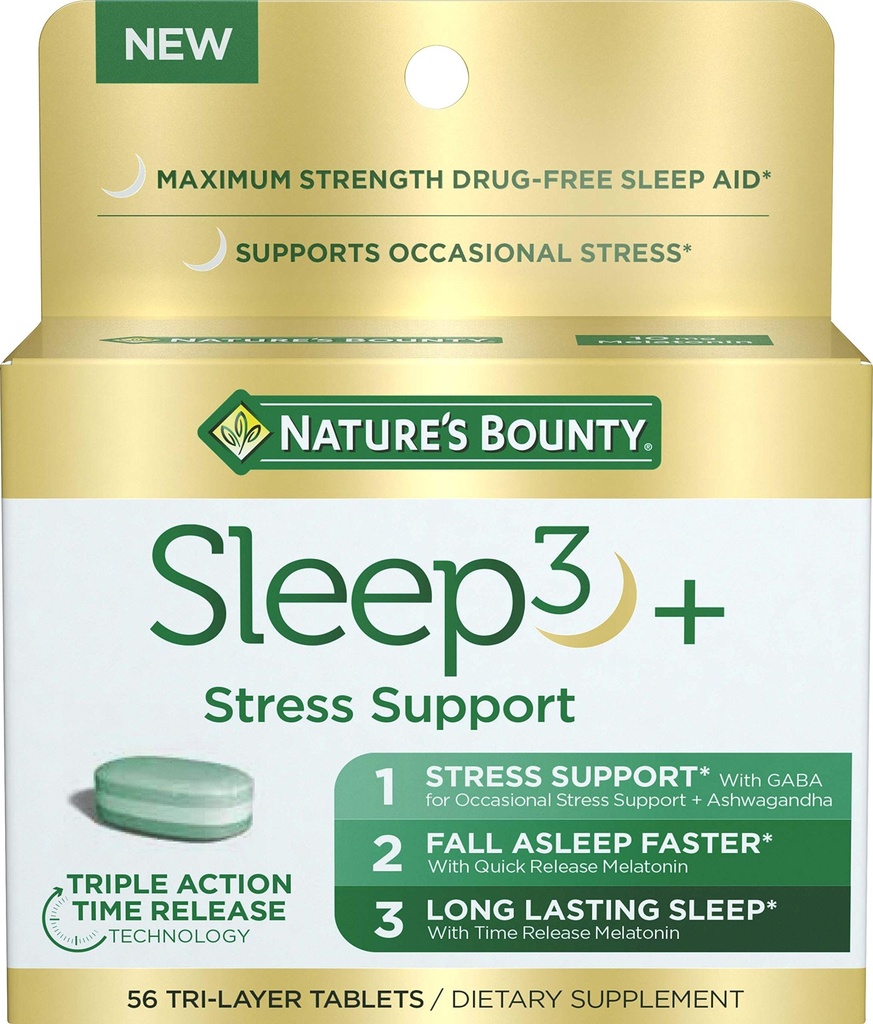 Nature's Bounty Stress Support Plus Melatonin, Sleep3 Power 100% Drug Free Sleep Aid, תוספת תזונתית עם Ashwagandha, Time Release Technology, 10mg, 56 Tri-Layered Tablets