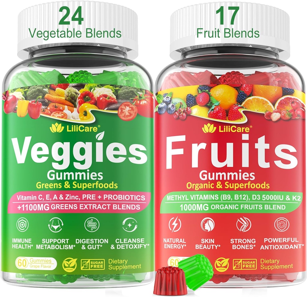 פירות ללא סוכר ו- Veggies Gummies w/D3K2, B9, B12, Magnesium, 41+ טבעי Superfoods וירקות תוספת לתמיכה עיכולית ו Gut, אנרגיה, איזון תזונתי, Antioxidant non-GMO 2pack.