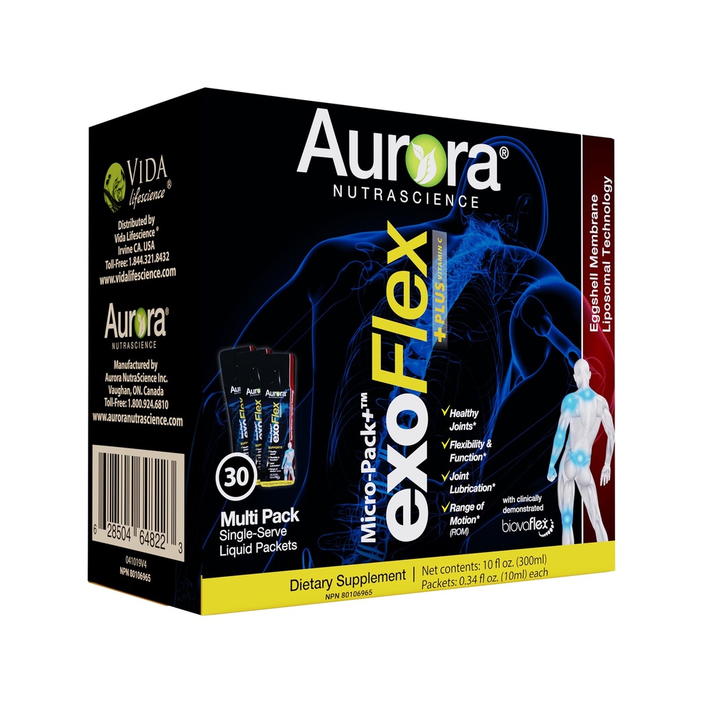 Aurora Nutrascience Micro-Pack Liposomal ExoFlex+ עם ויטמין C, תומך גמישות משותפת פונקציות, BiovaFlex Egg Membrane, Curcumin & Boswellia, Strwaberry Flavor, 30 Single-משרתת Packets