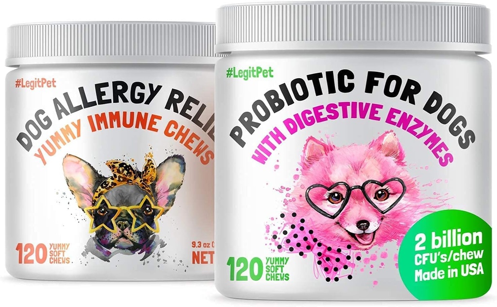 LEGITPET Allergy Relief Chews for Dogs & Immune Support with Kelp, Colostrum & Bee Pollen 120 צ'אדות רכות ופרוביוטיקה לכלבים עם Enzymes 120 Soft Chews Bundle - Made in USA