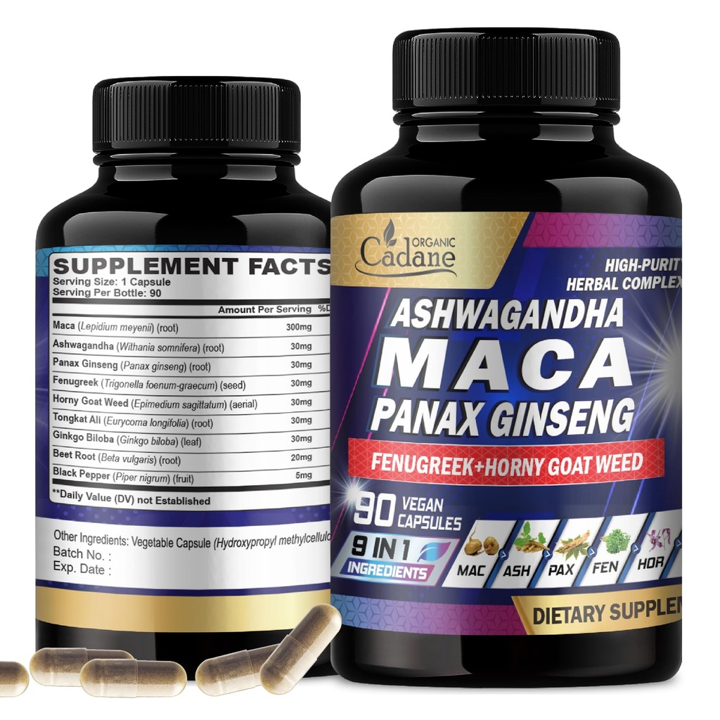 אורגני Cadane Maca Root, Ashwagandha, Panax גינזנג תוסף - 90 קפסולות 3 חודשים עם Fenugreek, Tongkat Ali & More - תמיכה בייצור אנרגיה ותחמושת