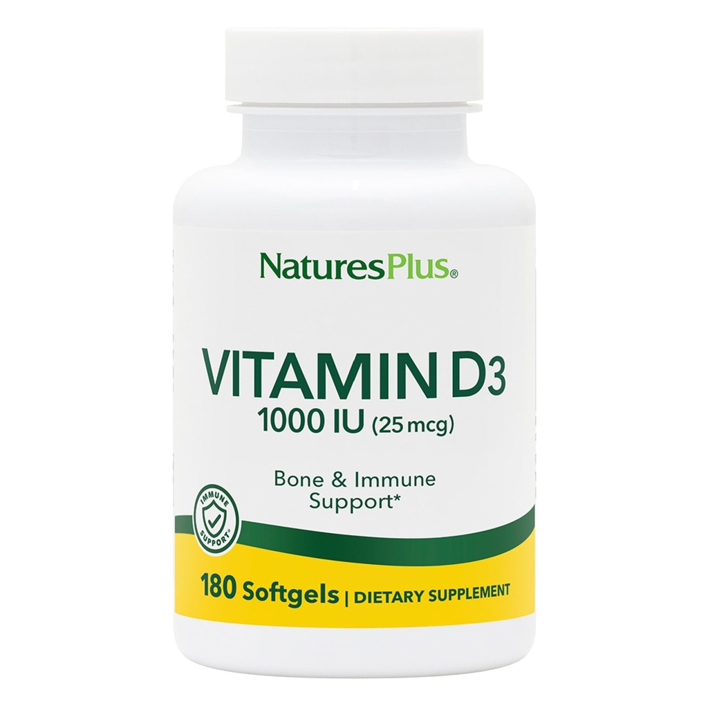 Natures Plus ויטמין D3 (Cholecalciferol) - 1000 iu, 180 Softgels - תמיכה תזונתית עבור תמיכה במערכת עצמות בריאים ו- Immune System Support - Bioavailable Active Form - Gluten-Free - 180 משרתים