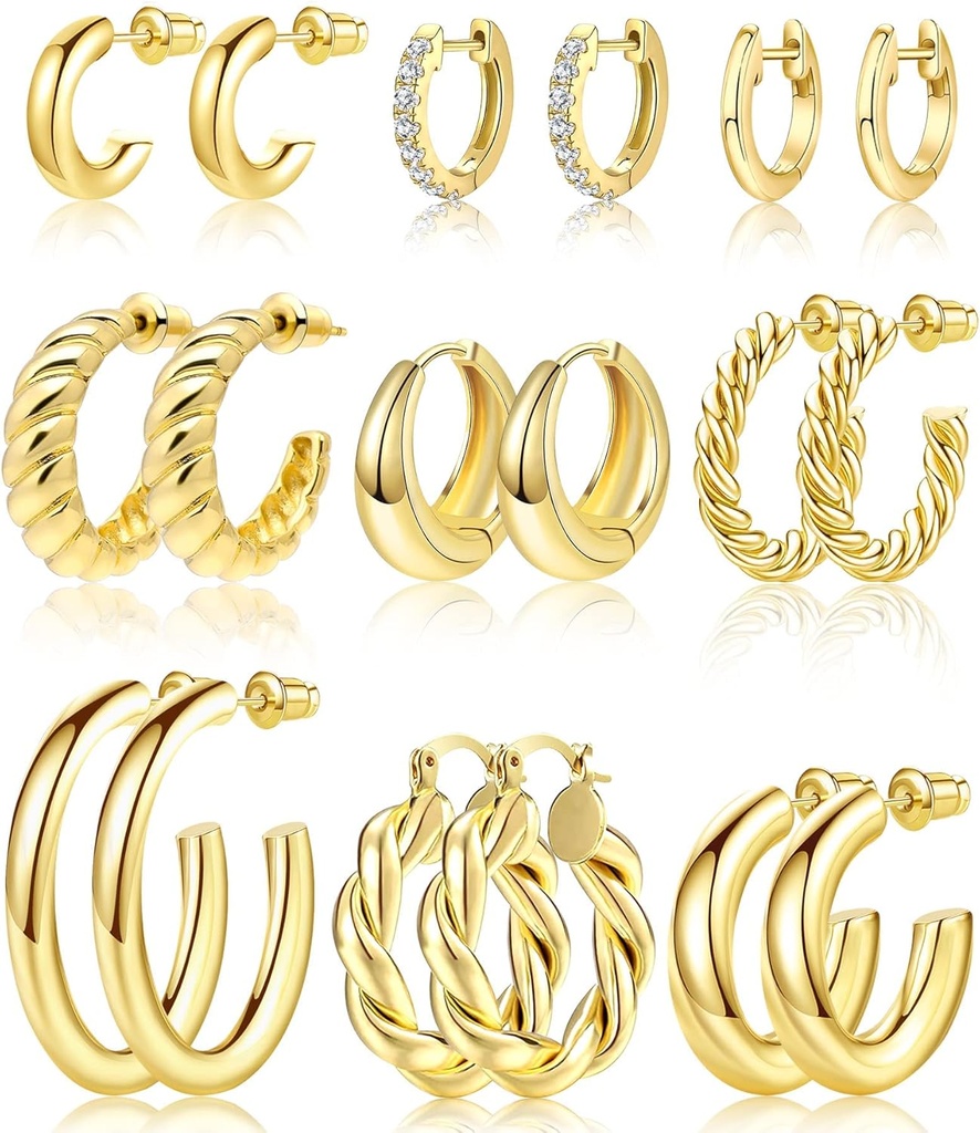Adoyi 9 Pairs Gold Hoop אוזנייםrings Set for Womens Twisted Huggie Hoggie Hoops אוזנייםrings 14K 18K זהב פלט עבור בנות ולנטינוס יום ההולדת של אמא
