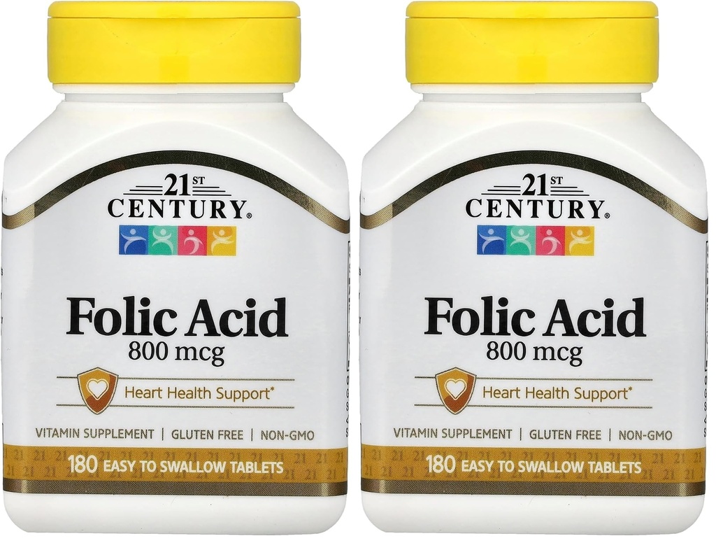 המאה ה-21 800 mcg Folic Acid Tablet, Assorted, 180 Count (Pack of 2)