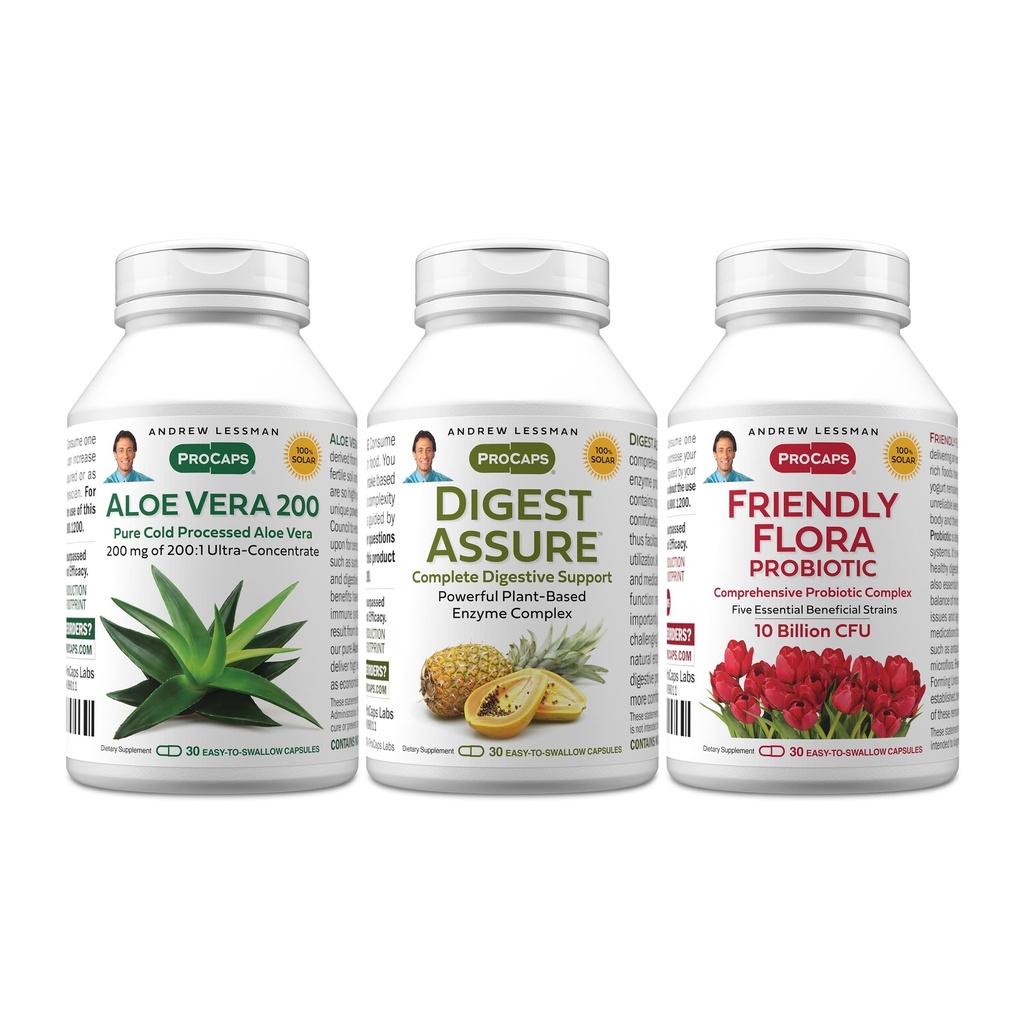 AndREW LESSMAN Complete Digestion Kit - 90 קפסולות - 3 מוצרים בונדלה: 30 קפסולות לכל אחד מ- Digest Assure, Aloe Vera-200 ו- Friendly Flor Probiotic, עבור תמיכה ממוקדת במערכת העיכול