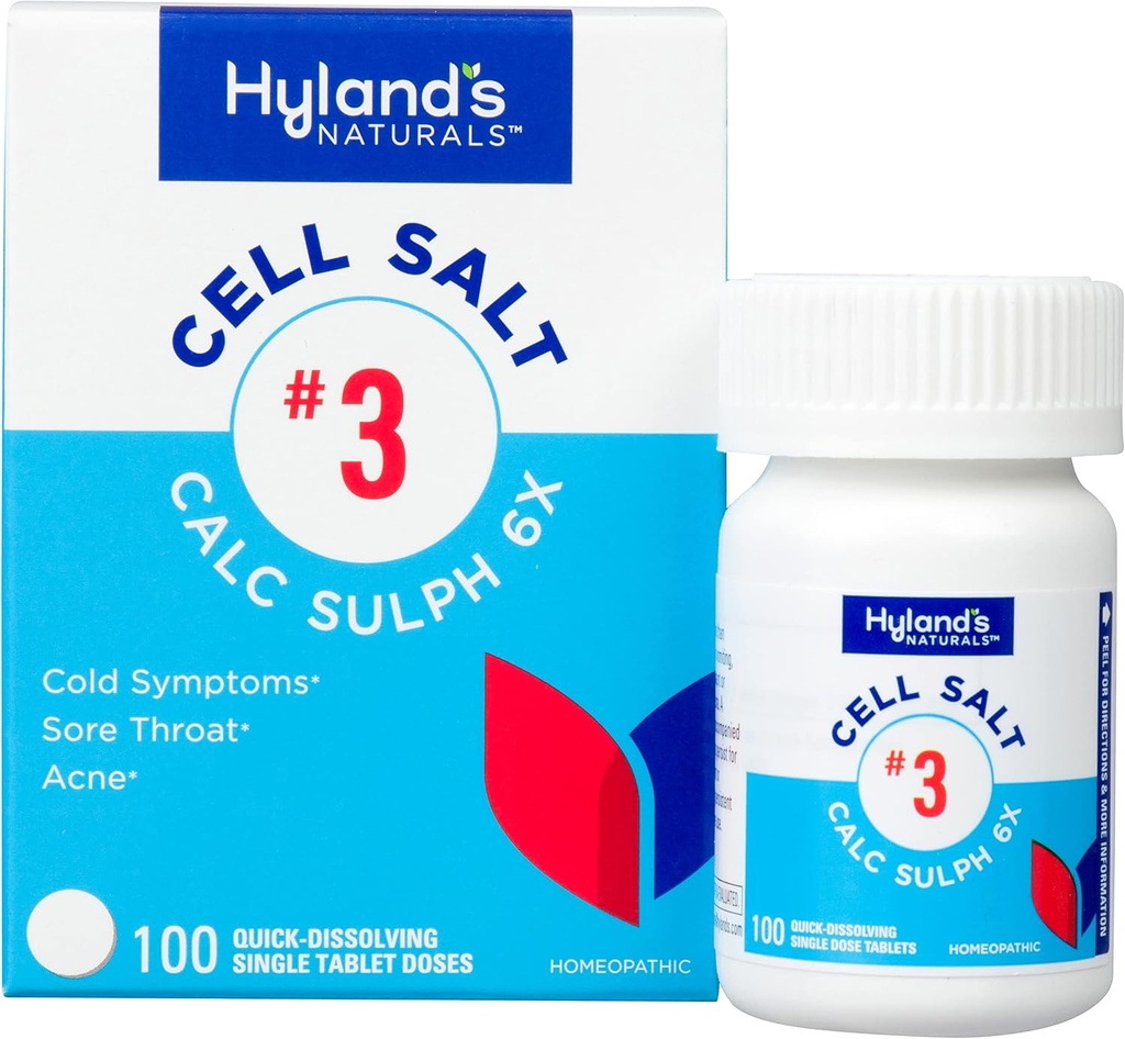Hyland's Cell Salt No. 3 Calc Sulph 6X Tablet, Cold Relief, Natural Homeopathic Relief of Colds, Soreגרון, Acne, Quick Disshoot Tablets, 100 Count Count