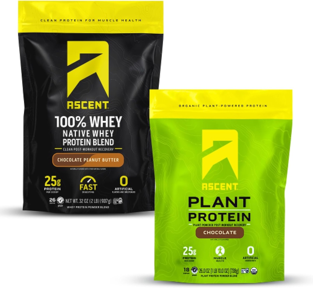 Ascent Whey + צמחי אבקת חלבון - שוקולד Peanut Butter 2 lb & שוקולד 18 לשרת