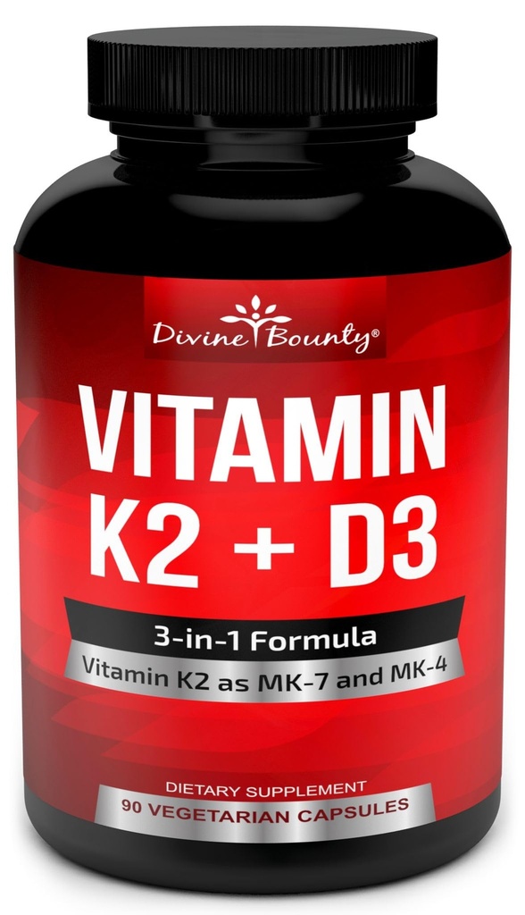 ויטמין K2 (MK7 & MK4) עם תוסף D3 - ויטמין K & D כמו MK-7 100mcg, MK-4 500mcg, ו-5,000 IU ויטמין D3 בפורמולה-1 - העצם ותמיכה בלב - 90 קפסולות לא-GMO Vegetarian כמוסות