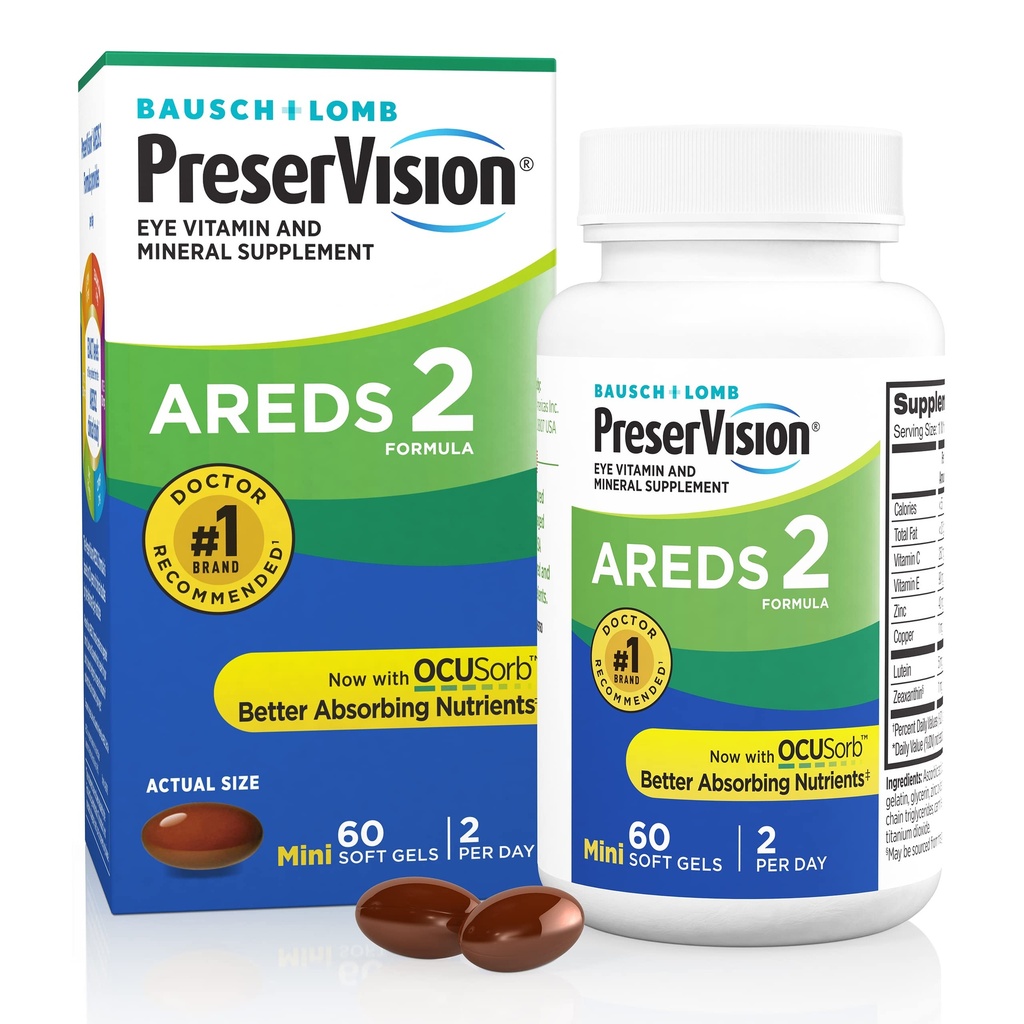 PreserVision AreDS 2 ויטמין עין, #1 רופא עיניים מומלץ מותג, Lutein ו-Zaxanthin תוספת עם ויטמין C, ויטמין E, Zinc, ו-Copper, 60 Softgels (Minigels)