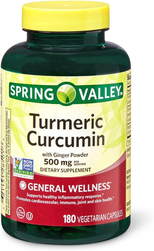 עמק האביב Turmeric Curcumin 500 מ"ג עם 50 מ"ג אבקת Twin Pack 180 קפסולות צמחוניות