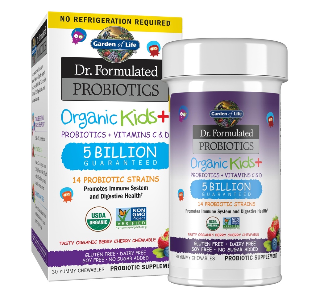גן החיים ד"ר פורמולה Probiotics Organic Kids+ בתוספת ויטמין C & D - ברי צ'רי - Gluten, Milk & Soy Free Immune & Digestive Health Supplement, No added Sugar, 30 Chewables (Shelf Stable)