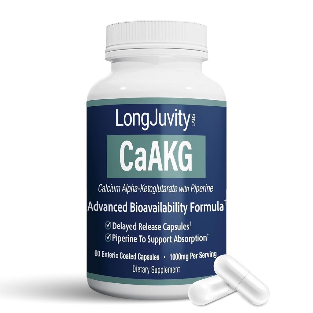 LongJuvity Calcium Alpha-Ketoglutarate Time לשחרר תוסף AKG (1,000 מ"ג Per המשרת) - Gut Heath, Bone Health, Anti Aging & Longevity - מעבדה עצמאית נבדקה (60 קפסולות מחוברות)