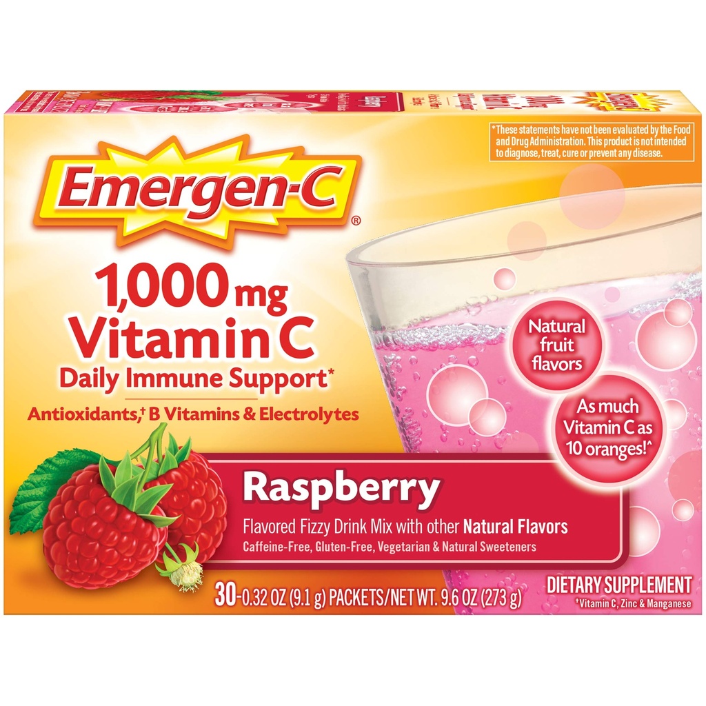 ויטמין C 1000 מ"ג ויטמין C Immune אבקת Raspberry 30CT כולל Zinc, Manganese, 7 B ויטמינים ואלקטרוליטים עבור חזרה לבית הספר Essentials