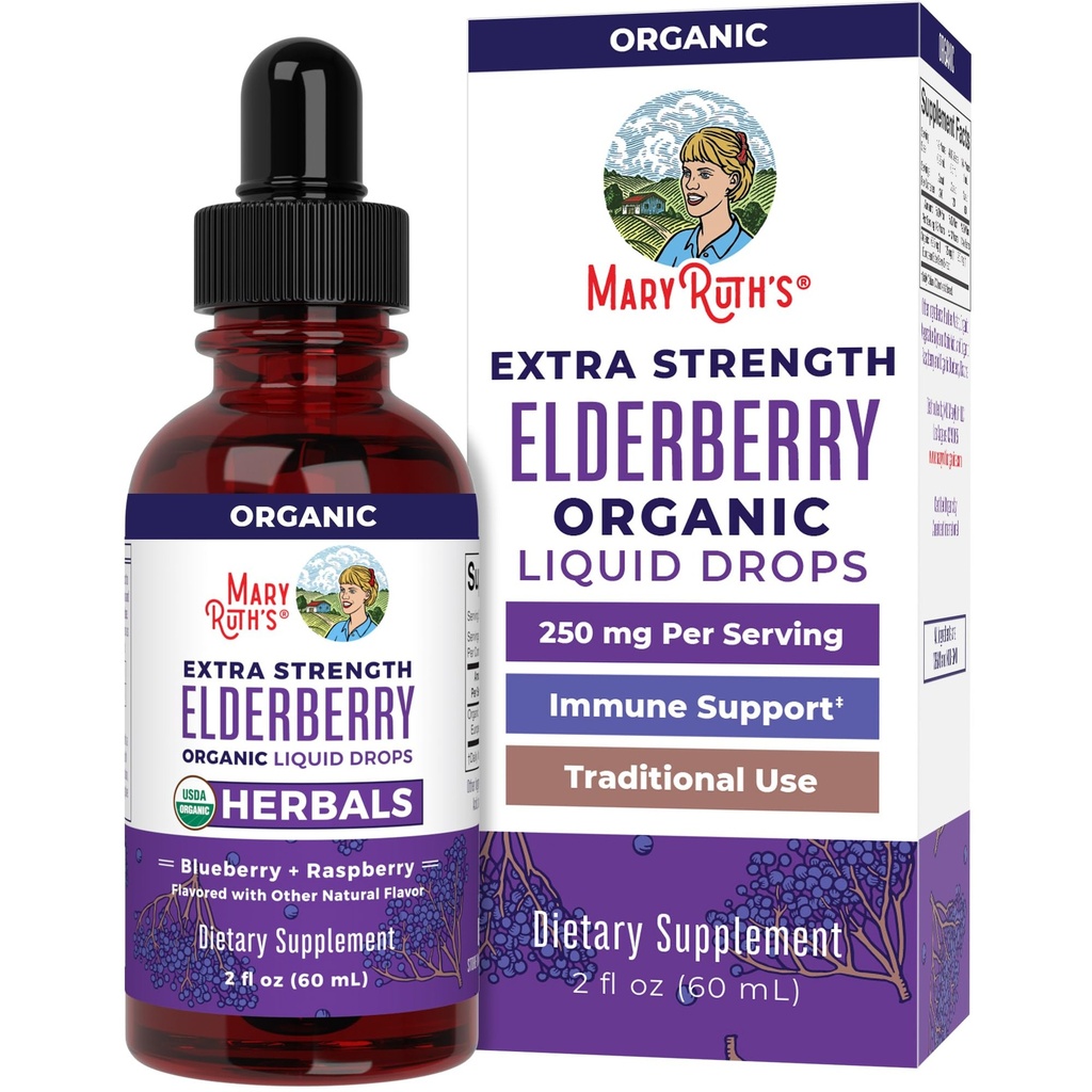 MaryRuth Organics Elderberry Syrup תוספת כוח, USDA אורגני Elderberry, סוכר חינם מבוגרים וילדים Immune תמיכה תוסף עבור ימים 1+, פרויקט תווית נקייה מאומת ®, טבעוני, Gluten Free, 2 Fl Oz