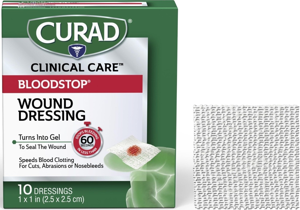CURAD BloodStop® Wound Dressing | 1” x 1” | Hemostatic Gauze Helps Stop Bleeding Quickly | For Cuts, Abrasions or Nosebleeds | 10 Count
