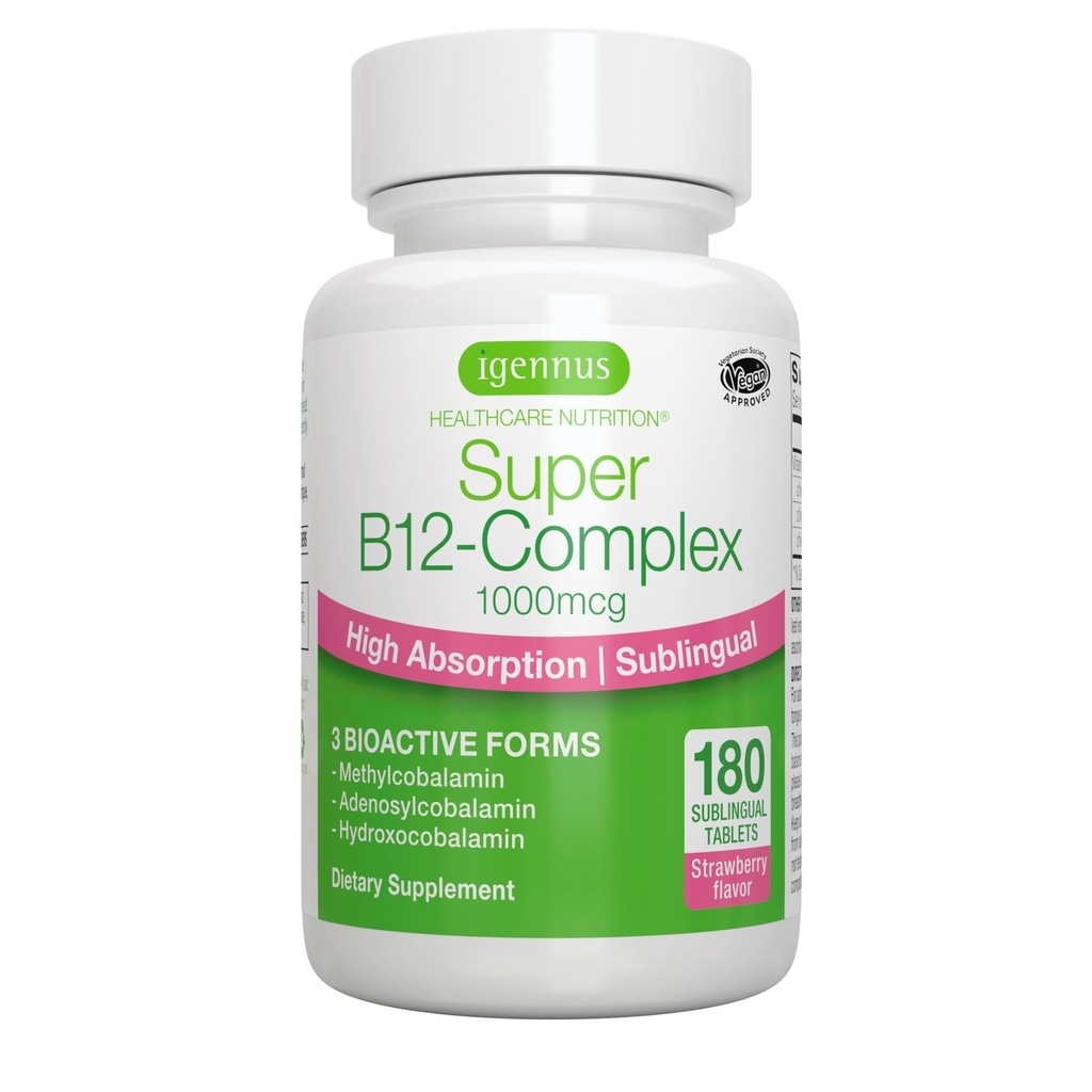 Igennus Sublingual ויטמין B12 מורכב 1000mcg, Methylated Methylchydrobalamin, Adenosylcobalamin & hydroxocobalamin, High Absorption & ניקוי, 180 משרתים, סוכר חינם & טבעוני
