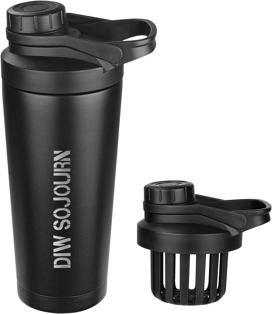 DIW 24 oz Shaker בקבוק, Stainless Steel Shaker עם Noise-Free Design, Insulated Metal Shaker Cup for חלבונים Mixes and Pre Workout,Gym Bottle Shaker (Black)