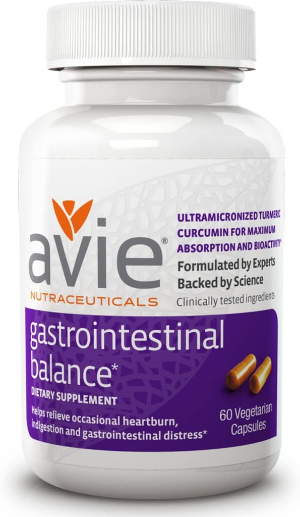 Avie NUTRACEICALS Gastro מעיים תוסף (60 קפסולות) | Turmeric with Licorice Root & Magnesium for Heartburn, Acid Reflux, & Indigestion הקלה - Gluten Free, GMP-Certifiedifiedifiedifieded