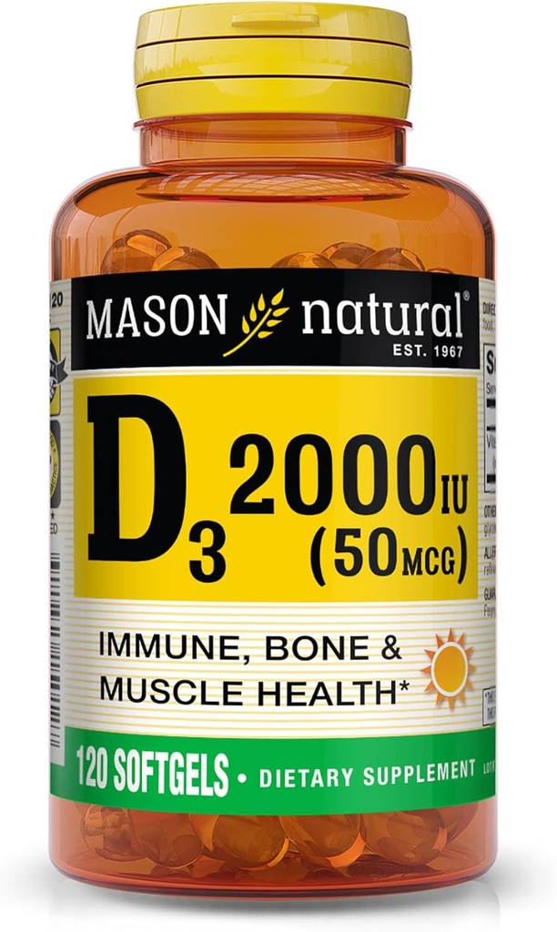MASON NATURAL ויטמין D3 2,000 IU Ultra כוח, תומך בכח העצם, כוח ובריאות החיסון, 120 Softgels
