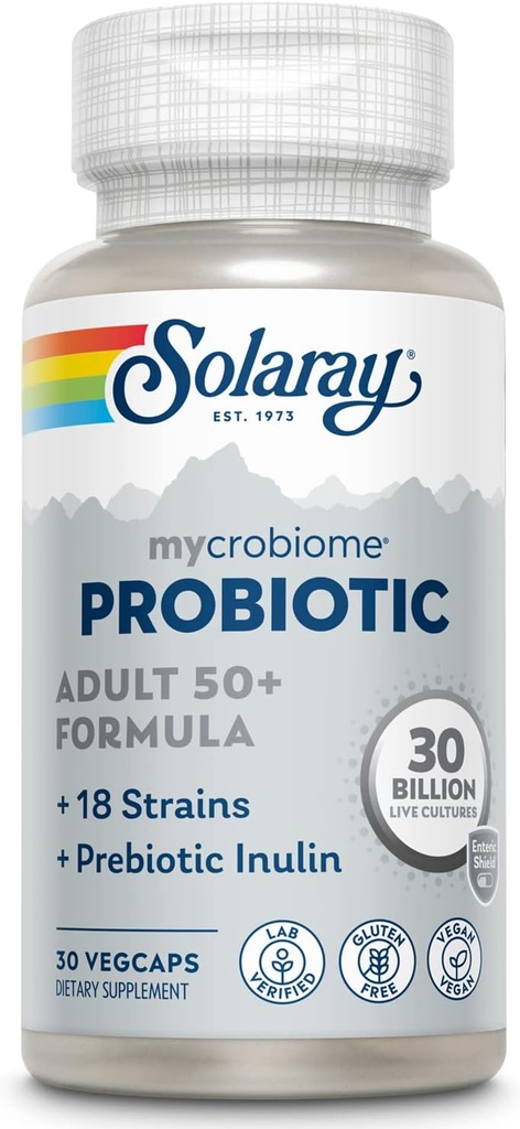 SOLAרי Mycrobiome Probiotic 50 Plus פורמולה, Probiotics for Women and Men, Healthy Digestion, Metabolism, Energy, Colony and Urinary Tract Support, 30 מיליארד CFU, 30 משרתים, 30 VegCaps