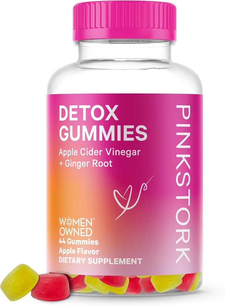 Pink Stork Detox Gummies, Apple Cider Vinegar Gummies עם ג'ינג'ר כדי לעזור תמיכה Bloating, Gut Health and Digestion, Chewable ACV Gummies - 44 Count, 1 Pack, 0.3 פאונד