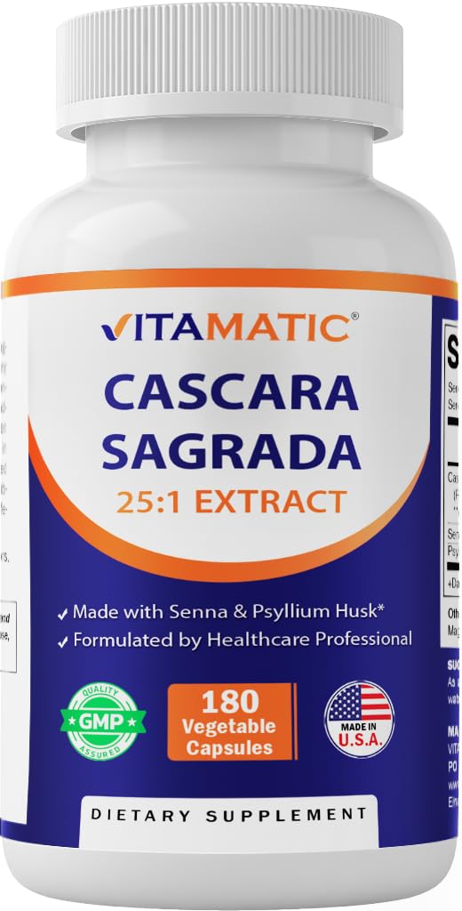 Vitamatic Cascara Sagrada נוצר עם Senna & Psyllium Husk - 180 קפסולות Veg - ריכוז 25Xפוטנטיות - All Natural - Non-GMO