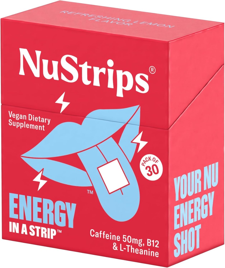 NuStripsTM Fast-Dis Solutions Energy Strips עם 50 מ"ג Caffeine, L-theanine & ויטמין B12 - אנרגיה מיידית להתמקד ללא Jitters או Crash - עובד מהר יותר מאשר קפה - מרעננת לימון - 30 Stripss