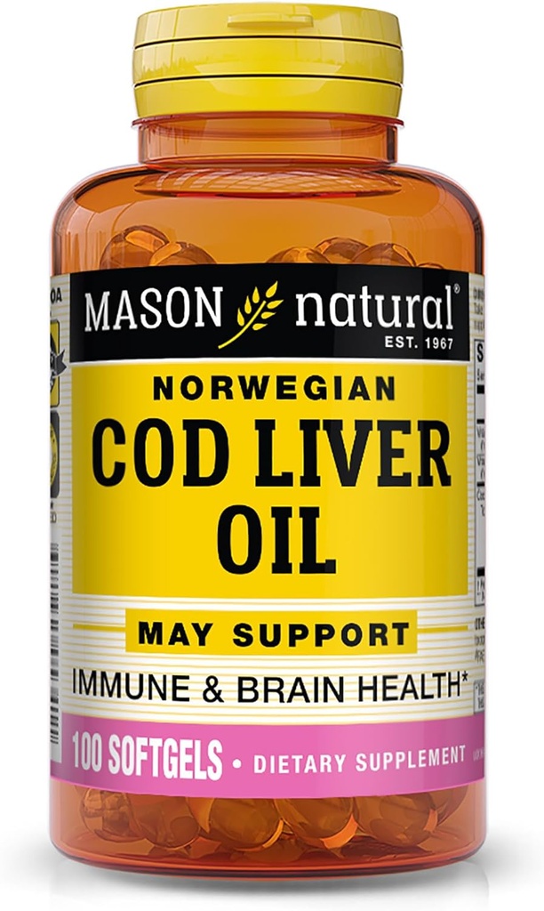 MASON NATURAL Cod Liver שמן Plus ויטמין A & D3 - תפקוד לב בריא ומוח, שיפור התחמושת, תמיכה בסך הכל בריאות, 100 Softgels