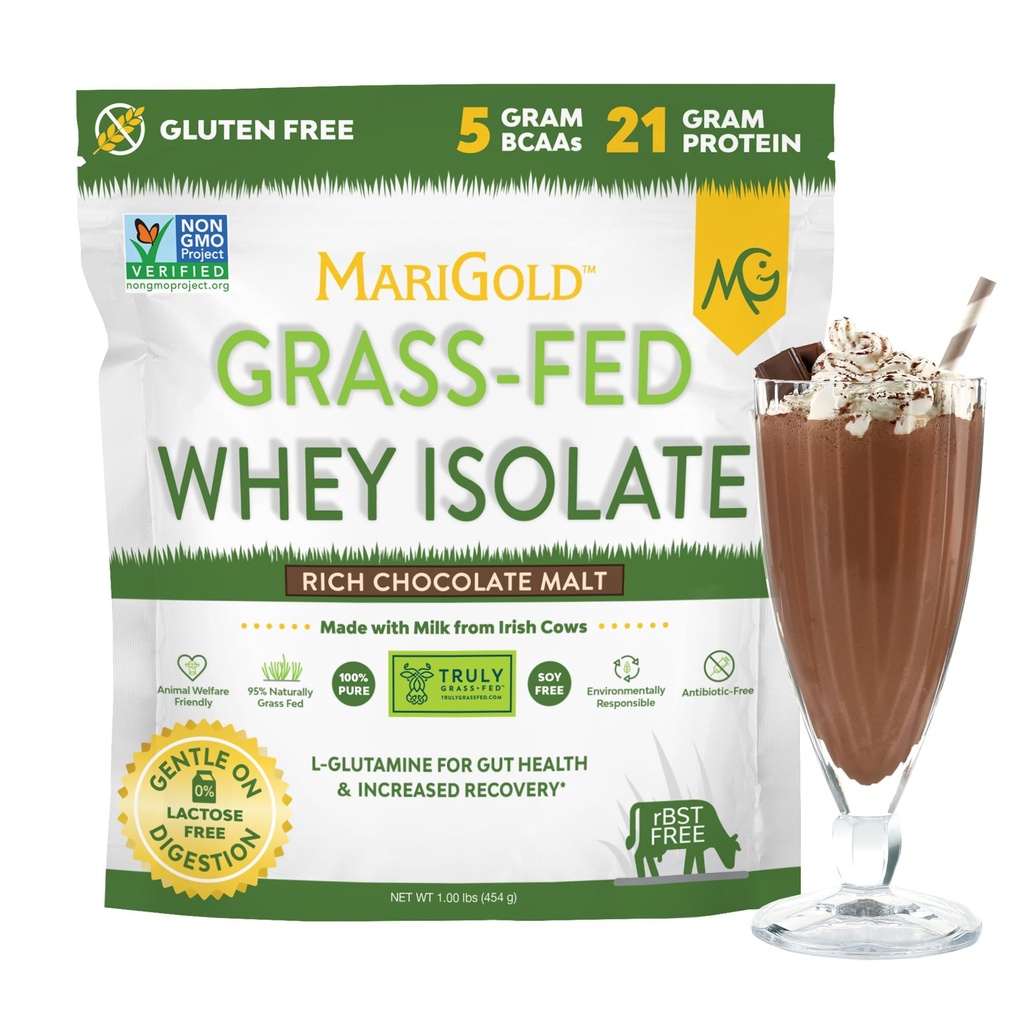 MaryGold Grass-fed Whey Protein Isolate אבקה - שוקולד עשיר מאלט פלבדור - 1 Lb | 100% טהור, קר-Processed, Micro-Firmed, Undenatured, non-GMO, rBGH חינם, Soy Free, Gluten Free, Lactose Free, Lactose Free